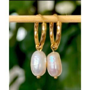 Camille Cultured Baroque Pearl Drop Earrings Gold Plated Hoops